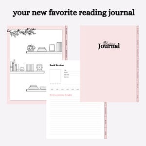 Op de afbeelding: Een roze leesdagboek met de tekst "My Reading Journal" op de omslag. De afbeelding toont ook binnenpagina's met boekrecensiesjablonen en gelinieerde pagina's. De tekst "your new favorite reading journal" staat bovenaan.