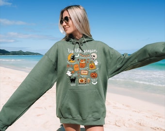 Halloween Tis' the Season Sweatshirt: Vintage Pumpkin Witch Ghost Skeleton Black Cat Graphic Hoodie
