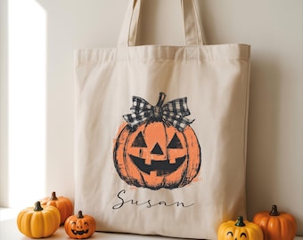 Custom Halloween Trick or Treat Bag with Personalized Name: Funny Scary Pumpkin Faces Candy Sack, Halloween Party Squad Bags for Women