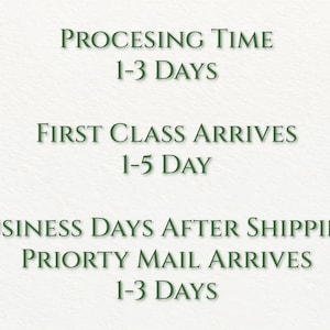 May include: Text on a white background with green text that reads: "Processing Time 1-3 Days", "First Class Arrives 1-5 Day", "Business Days After Shipping Priority Mail Arrives 1-3 Days"