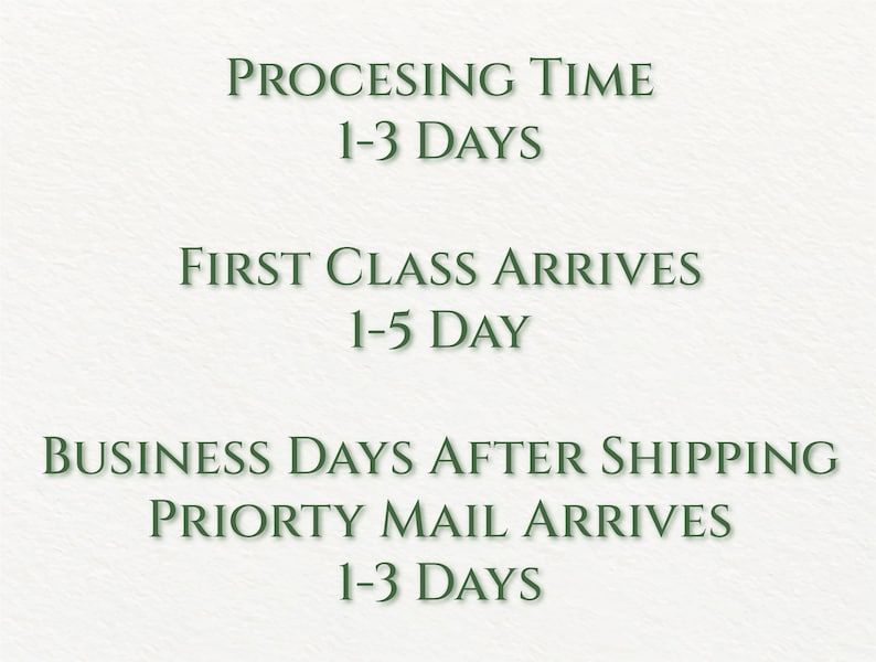 May include: Text on a white background with green text that reads: "Processing Time 1-3 Days", "First Class Arrives 1-5 Day", "Business Days After Shipping Priority Mail Arrives 1-3 Days"