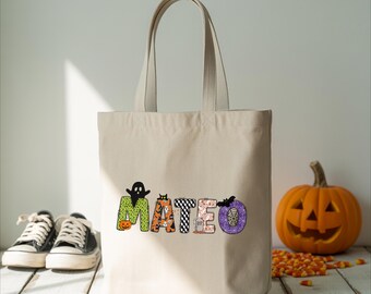 Personalized Halloween Canvas Tote Bags with Kids Names, Custom Trick or Treat Bag,  Cute Candy Sack for Kids