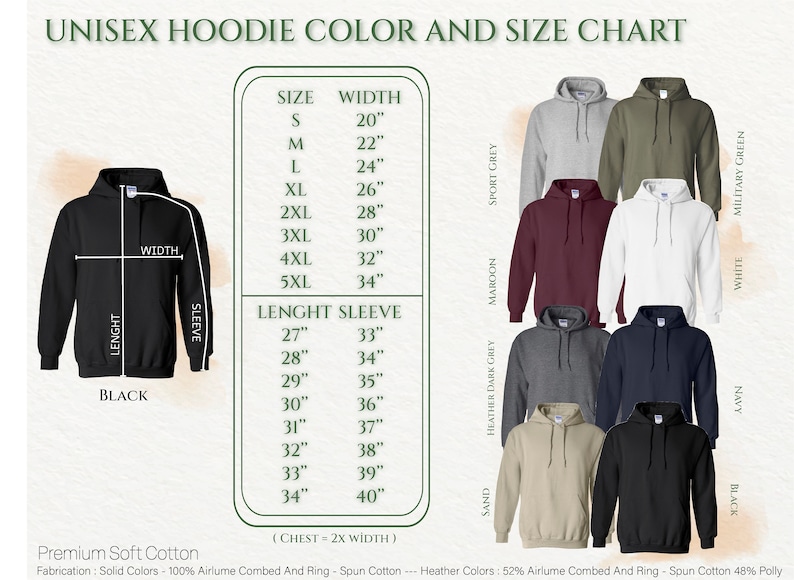 May include: Unisex hoodie size chart with measurements in inches. The chart shows different colours of hoodies, including black, white, maroon, sport grey, heather dark grey, navy, and military green.