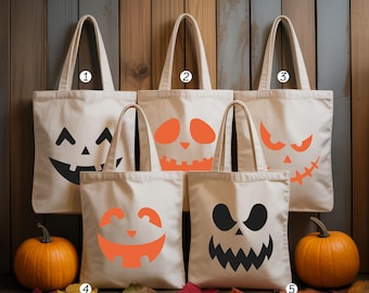 Custom Pumpkin Face Halloween Trick or Treat Bag: Halloween Party Crew Gifts, Candy Sack, Canvas Tote Bag for Spooky Season