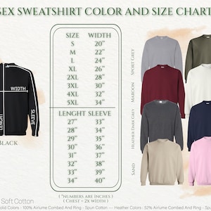 May include: Unisex sweatshirt size chart with measurements in inches. The chart shows different colours including black, white, navy, pink, maroon, sand, heather dark grey, and sport grey.  The chart also includes the text "Premium Soft Cotton" and "(Numbers are inches) (Chest = 2x Width)".