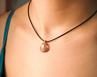 Handmade Copper Wrapped Sea Shell Necklace Size S, Galvanized Shell Pendant on Elegant Cord, Boho Coastal Jewelry for Ocean and Sea Lovers