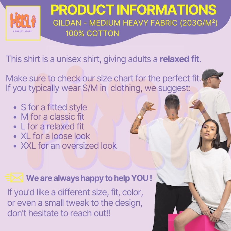 Puede incluir: Camisetas unisex blancas con el texto "PRODUCT INFORMATIONS" e informaci&oacute;n sobre la gu&iacute;a de tallas. Las camisetas est&aacute;n hechas de tejido mediano pesado, 100% algod&oacute;n. La imagen incluye modelos que usan las camisetas. El texto tambi&eacute;n incluye el nombre y el logotipo de la marca.