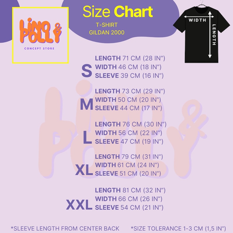 Puede incluir: Tabla de tallas para una camiseta Gildan 2000, con medidas en cent&iacute;metros y pulgadas. Las tallas van de la S a la XXL, mostrando largo, ancho y medidas de manga. Tambi&eacute;n aparece el logotipo de King & Polly Concept Store.