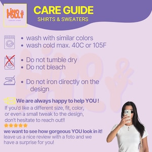 Puede incluir: Gu&iacute;a de cuidado para camisas y su&eacute;teres, con instrucciones de lavado. Incluye un logotipo y texto: "lavar con colores similares", "lavar en fr&iacute;o m&aacute;x. 40C", "no usar secadora", "no usar lej&iacute;a" y "no planchar directamente sobre el dise&ntilde;o".