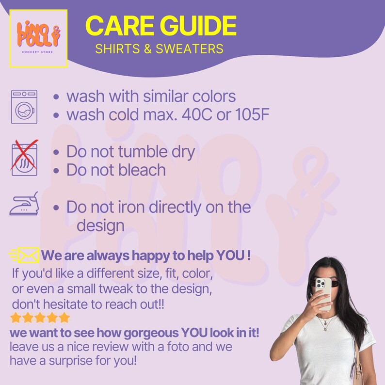 Puede incluir: Gu&iacute;a de cuidado para camisas y su&eacute;teres, con instrucciones de lavado. Incluye un logotipo y texto: "lavar con colores similares", "lavar en fr&iacute;o m&aacute;x. 40C", "no usar secadora", "no usar lej&iacute;a" y "no planchar directamente sobre el dise&ntilde;o".