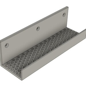 Op de afbeelding: Een lichtgrijs, L-vormig schap met een honingraatpatroon aan de onderkant. Het schap heeft drie voorgeboorde gaten voor montage. Het ontwerp is een 3D-rendering, met een moderne, minimalistische uitstraling.