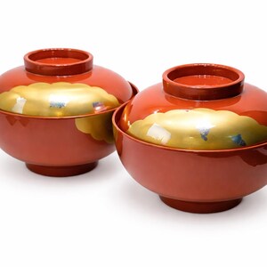 Yamanaka Red&Gold Lacquerware Soup Bowl - Lidded Bowl Set of 6 - Made in Japan