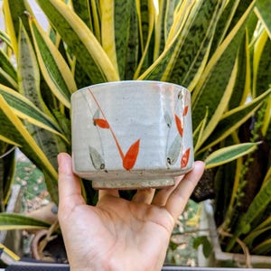 Puede incluir: Taza de cerámica hecha a mano con fondo gris claro. La taza presenta un diseño de formas rojas y verdes con forma de hoja. La taza se sostiene en una mano, con un fondo de plantas verdes y amarillas.