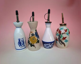 Oil / Vinegar / Soy Sauce Pourer - Japanese Vintage Recycled Sake Bottle -  Handmade Porcelain Cruet - Made in Japan