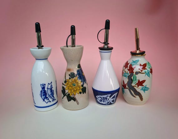 Oil / Vinegar / Soy Sauce Pourer - Japanese Vintage Recycled Sake Bottle -  Handmade Porcelain Cruet - Made in Japan
