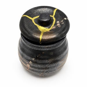 Op de afbeelding: Een zwarte keramische pot met deksel, met goudkleurige kintsugi-reparaties. De pot heeft een ronde vorm met een deksel en een kleine knop. Kintsugi benadrukt de scheuren met goud, wat een unieke uitstraling geeft.