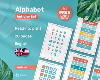 Learn English alphabet activity printable set, Montessori homeschool velcro worksheet, ESL EFL learning game kids, uppercase alphabet poster