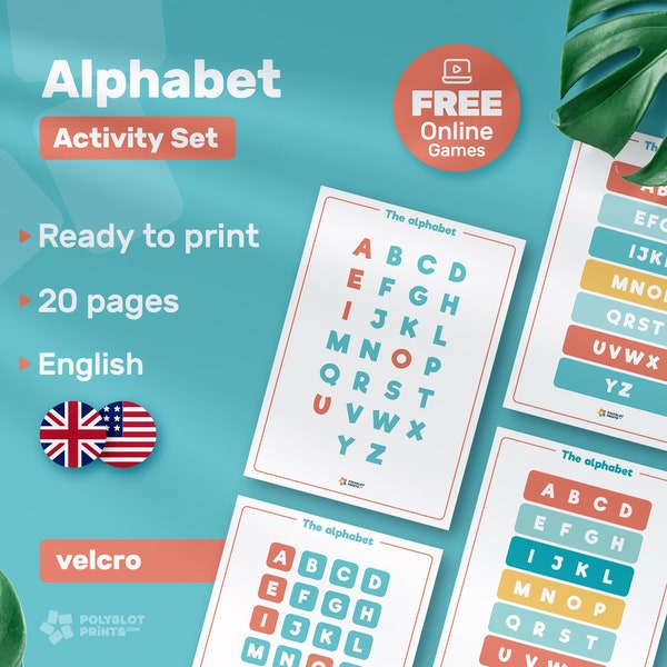 Learn English alphabet activity printable set, Montessori homeschool velcro worksheet, ESL EFL learning game kids, uppercase alphabet poster