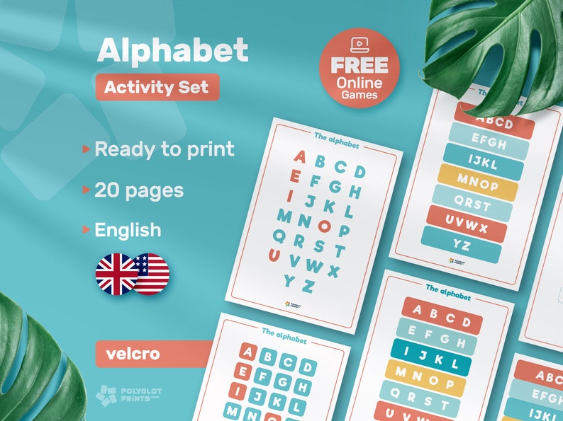 Learn English alphabet activity printable set, Montessori homeschool velcro worksheet, ESL EFL learning game kids, uppercase alphabet poster zdjęcie 1