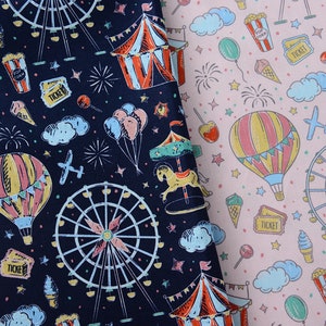 Baumwollstoff, Vintage Stil, Modedesign, Textildruck, Spielplatz, Kinderpark, Zirkus, Halbhof, Ballom(C071)
