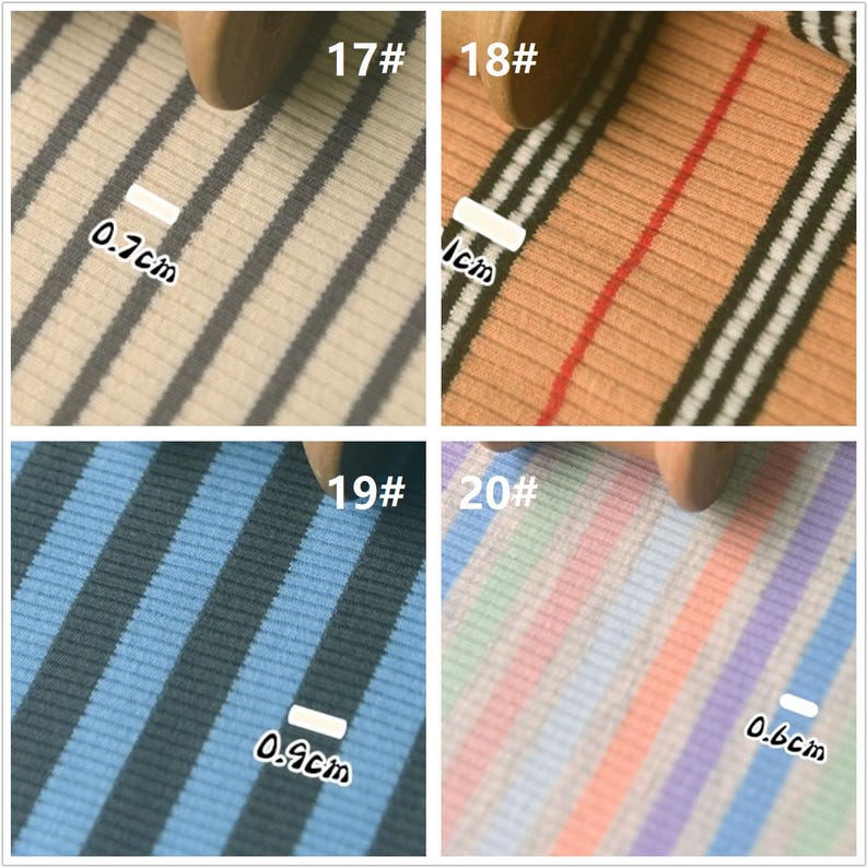 May include: Four fabric swatches with different striped patterns. The swatches are labeled 17#, 18#, 19#, and 20#. The swatches are beige and black, orange and white, blue and black, and pink and white.