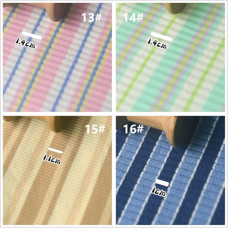 May include: Four fabric swatches with different striped patterns. The swatches are labeled 13#, 14#, 15#, and 16#. The swatches are 1.4 inches wide and 1 inch wide.