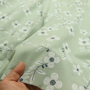Tissu mélangé coton et lin, couture, bricolage, style vintage, tissage jacquard, fleur, fleurs et plantes, vert clair, un demi-mètre (CL028)