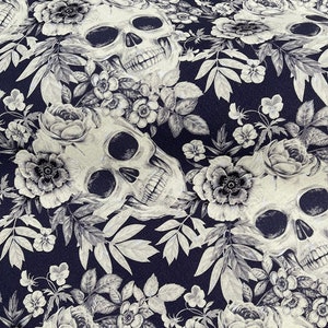 Cotton Fabric, Festival, Halloween, Sewing, Design, Skull, Flower, Scary, Vintage style, Digital print, A half yard (F009)