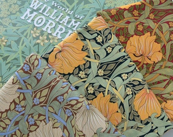 May include: Three fabric swatches with floral patterns. The top swatch is red with a dark brown floral pattern. The middle swatch is black with a green and yellow floral pattern. The bottom swatch is brown with a light brown and blue floral pattern. The text "The World of William Morris" is visible on a green book in the background.