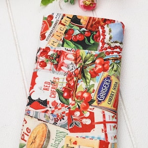 Cotton Fabric, Vintage style, Red, Design, Textile printing, Thanksgiving, Delicious food， Fruit, Pie, Cherry, Stamp, A half yard (C050)