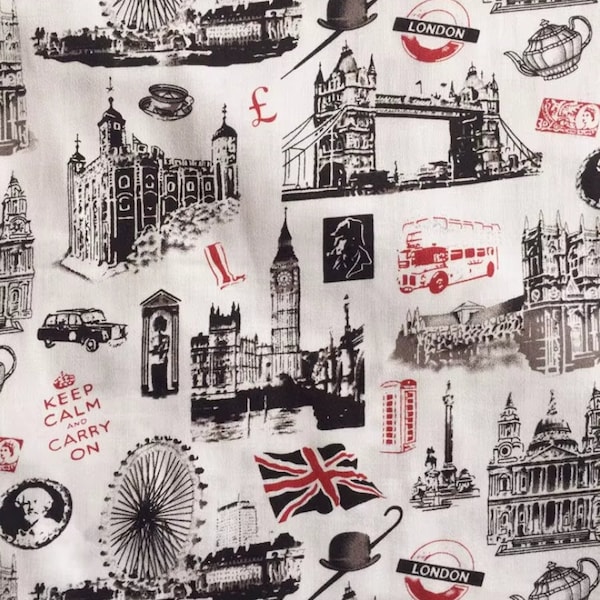 Tissu en coton, style vintage, création, Impression textile, Pont de Londres, Big Ben, Lieux d'intérêt, Grande roue, Un demi-mètre(C055)