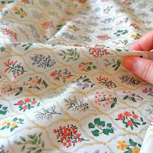 Cotton Fabric, Colorful, Fashion Design, Vintage Style, Textile printing, Floral, Flowers, Plants, Lattice, Sewing, A half yard (C040)