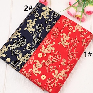 Cotton Fabric, Dragon, Chinese Style, Traditional Culture, Lucky, Lunar New Year, Gold Stamping, Golden Copper Coin, A half yard (C085)