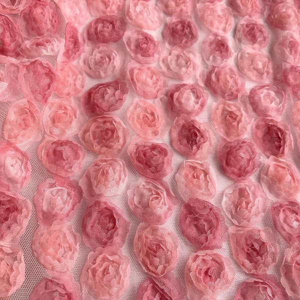 3D design, Stereoscopic, Lace, Yarn, Embroidery, Pink, Rose, Flower, Floral, Wedding dress, Veil, Bridal, A half yard  (LC027)