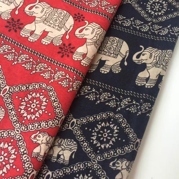 Cotton Fabric, Elephant, Thai Style, Ethnic Style, Vintage Style, Textile Printing, A half yard, Traditional Thai Culture (C098)