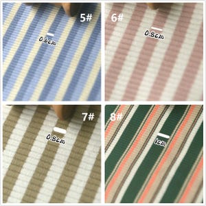 May include: Four fabric swatches with different striped patterns. The swatches are labeled 5#, 6#, 7#, and 8#. The stripes are 0.6 cm, 0.8 cm, 0.8 cm, and 1 cm wide.