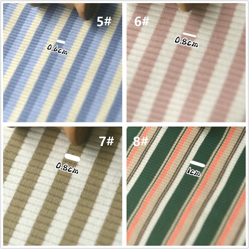 May include: Four fabric swatches with different striped patterns. The swatches are labeled 5#, 6#, 7#, and 8#. The stripes are 0.6 cm, 0.8 cm, 0.8 cm, and 1 cm wide.