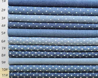 Denim, Tessuto, Blu, Indaco, Tinta unita, Pois, Cuori, Stelle, Multiplo, Mezzo metro (D001)
