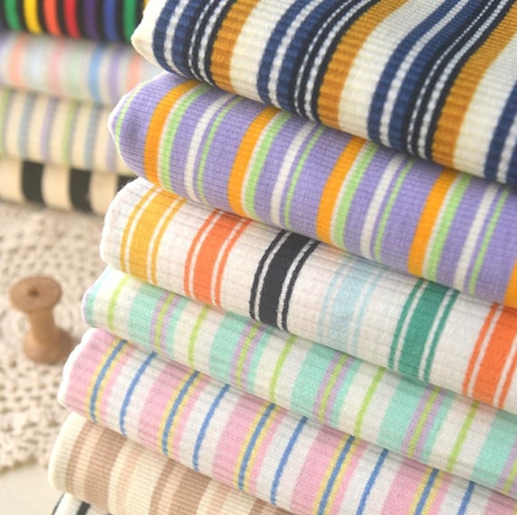 Polycotton Fabric, 4-way Stretch, Sewing, Pure and Fresh, Stripe, Vintage style, Retro, Knit, Craft, DIY, Multi-color(CL062)