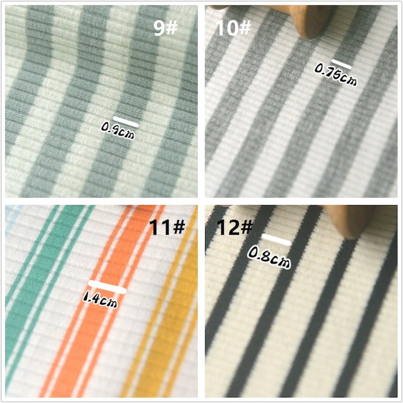 May include: Four samples of striped fabric with different colors and stripe widths. The fabric is white with stripes of green, gray, orange, yellow, and black. The stripe widths are 0.75 inches, 0.9 inches, 1.4 inches, and 0.8 inches.