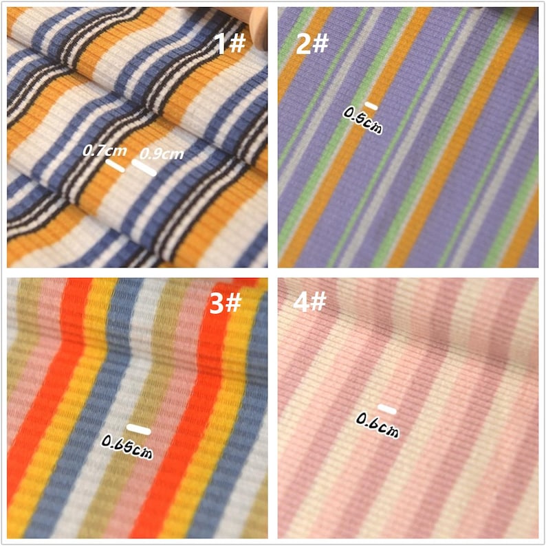 May include: Four samples of striped fabric with different colors and stripe widths. The fabric is ribbed and has a soft texture. The stripe widths are measured in centimeters. 1# 0.7cm, 0.9cm, 2# 0.5cm, 3# 0.65cm, 4# 0.6cm.