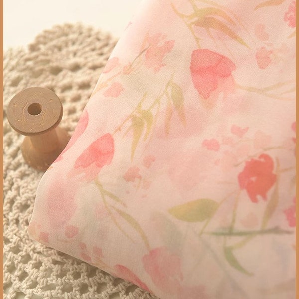 Chiffon Fabric, Rose, Apricot, Design, Floral print, DIY, Flowers, Sewing, A half yard (LC004)