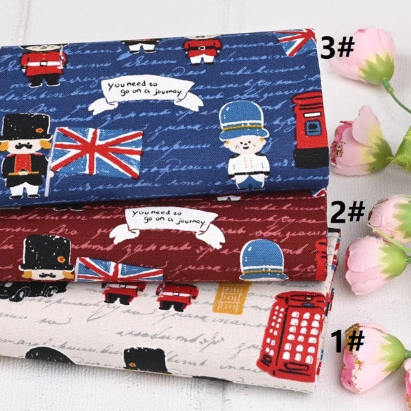 Cotton Fabric, Vintage style, London, British, British taxis, Soldier, Big Ben, Gentleman, Postbox, A half yard, United Kingdom (C104)