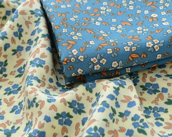 Cotton Fabric, Viscose, RAYON, Lobelia Erinus, Summer, Flower, Floral, Yellow, Blue, Bloom, Delicate and Pretty, A half yard (C080)
