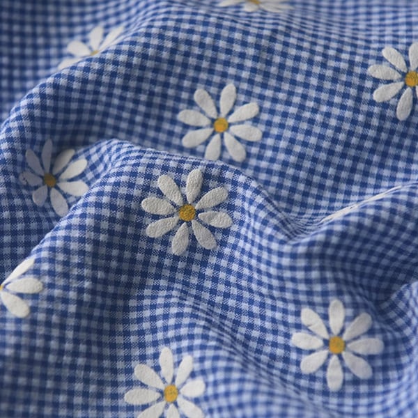 Polyester Cotton Blend Fabric, Sewing, DIY, Vintage Style, Craft, Gingham, Grid, Daisy, Flowers, Breathable, Blue, A half yard (C119)