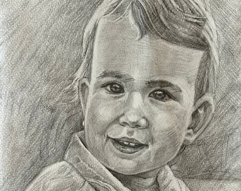 Happy childhood. Drawing from photo. Pencil child portrait a moment of elegance. Family portrait painting. The best gift