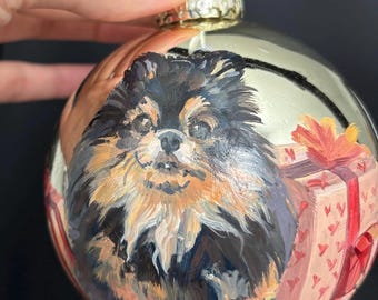 Hand Painted Pet Portrait Ornament, Custom Dog Memorial Christmas Ball 3.5in
