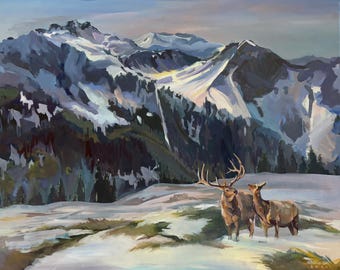 Original Elk & Mountain Oil Painting: Rustic Nature Art (24x30 in)