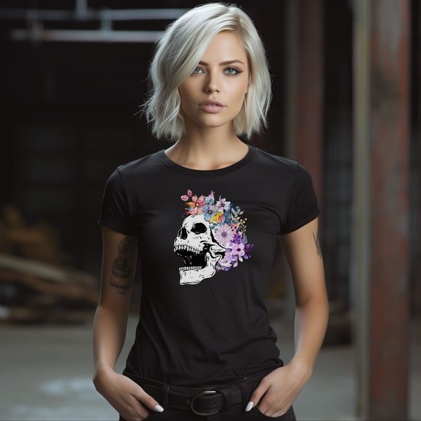 Skull Shirt for Girls, Girl Fashion Shirt, Skull with Flowers Shirt, Skull and Flowers Shirt, Sweet Skull Shirt, Alternative Apparel