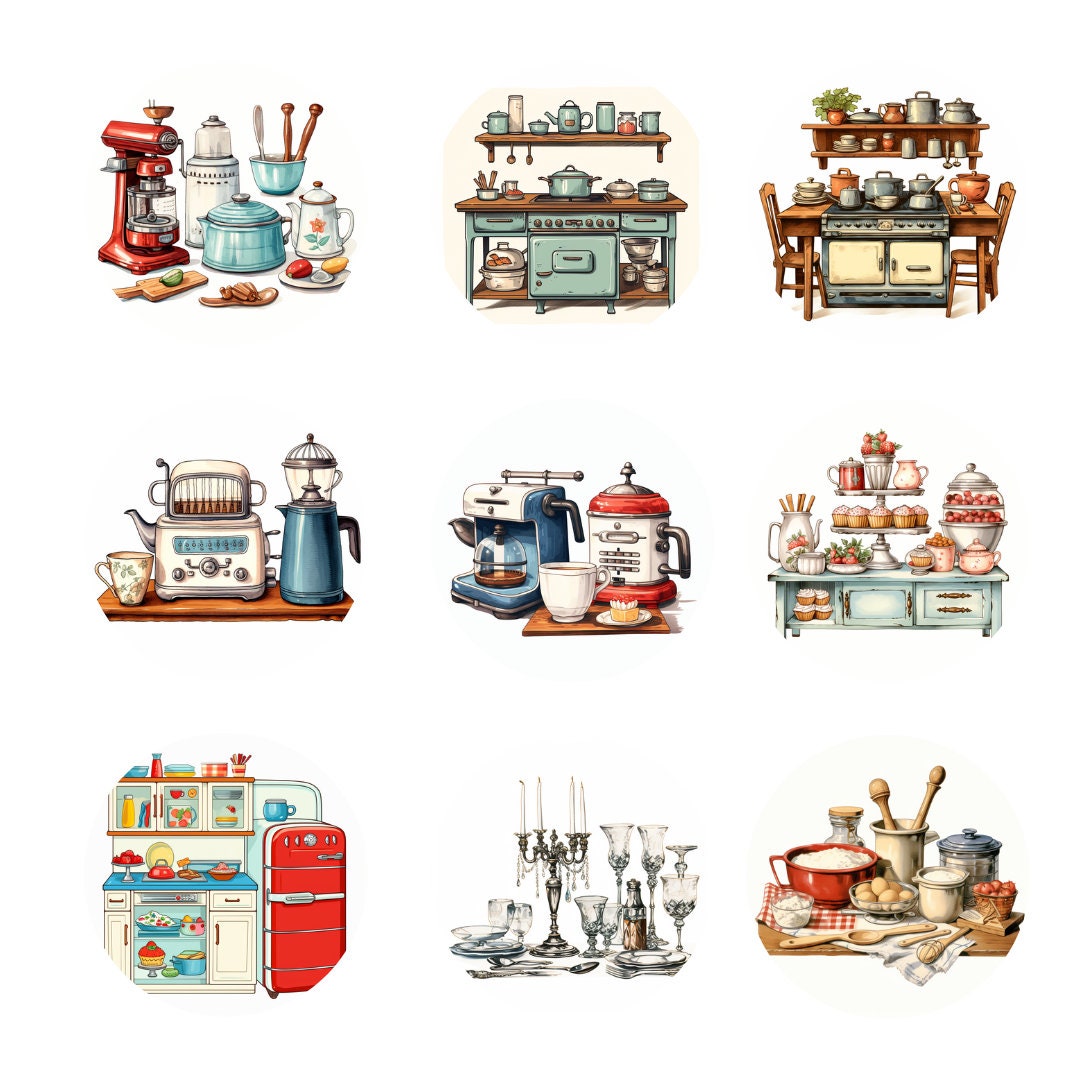 Vintage Kitchen Items Clipart, 10 PNG Pack, Digital Download
